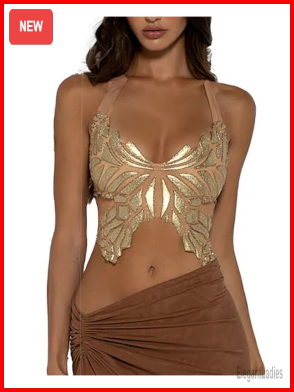 Women's Butterfly Sequin Halter Backless Slim Fit Crop Tank Top